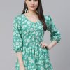 Women NOZ2TOZ | Women'S Sea Green Floral Printed Peplum Cotton Top - Noz2Toz