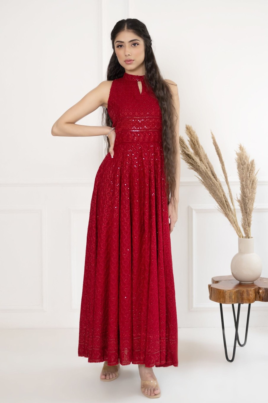 Women SARAS THE LABEL | Women'S Red Embroidered Dress - Saras The Label