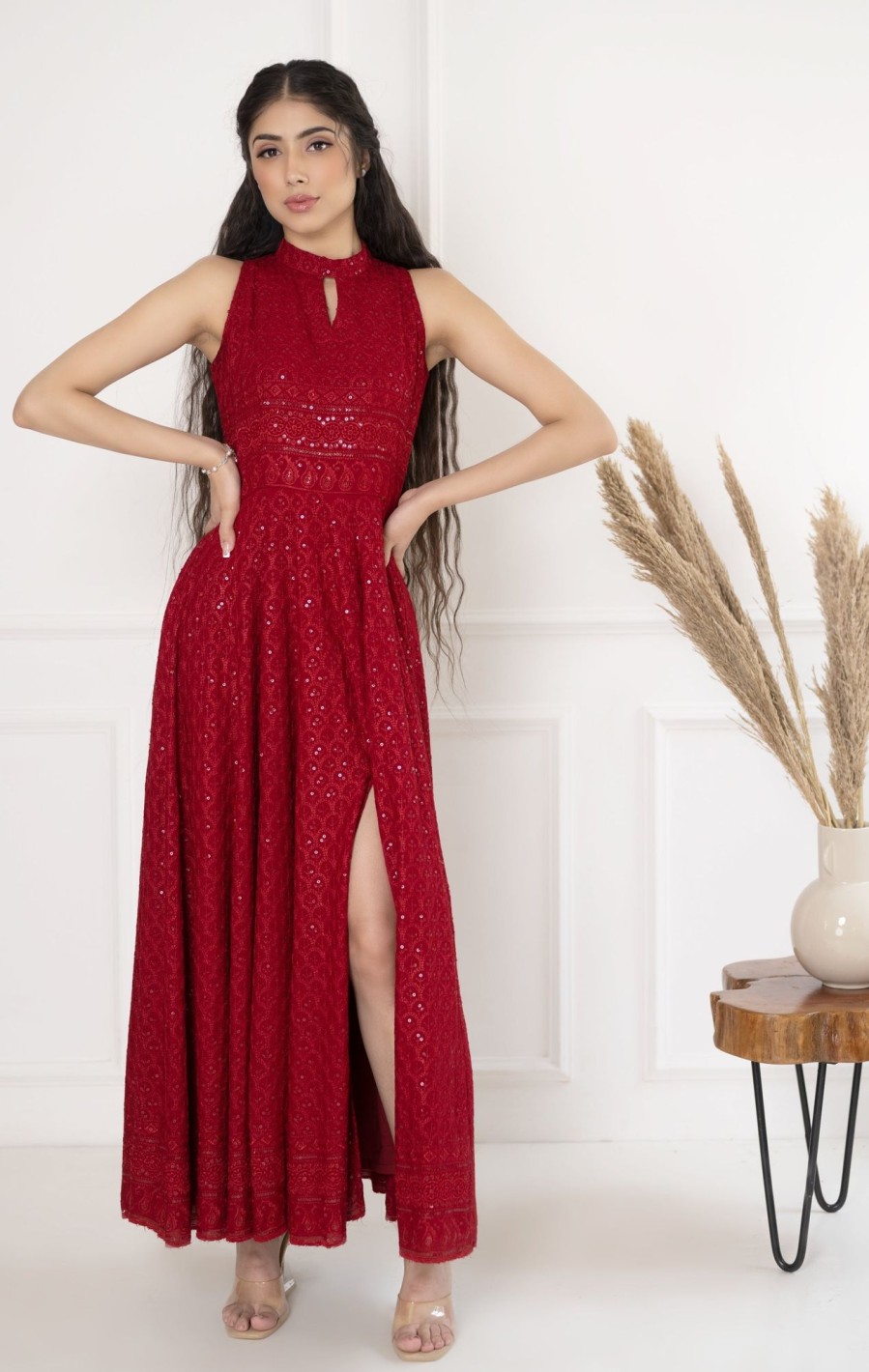 Women SARAS THE LABEL | Women'S Red Embroidered Dress - Saras The Label