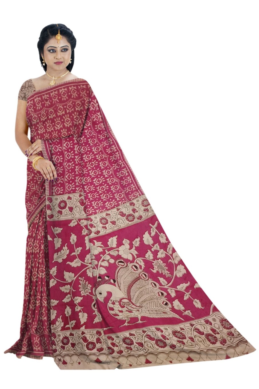 Women Manohara | Women'S Pedna Kalamkari Hand Printed Mulmul Cotton Saree - Manohara