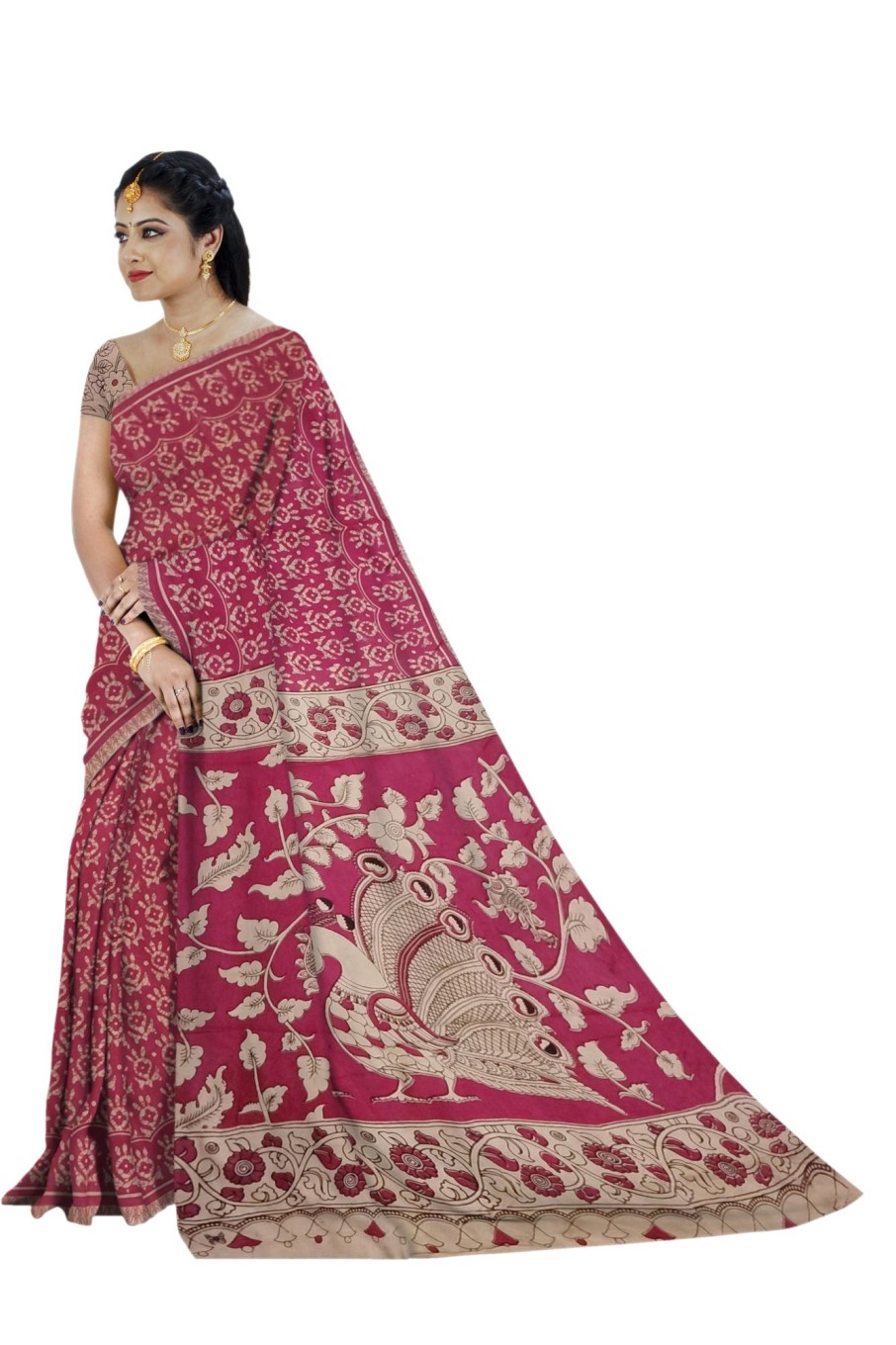 Women Manohara | Women'S Pedna Kalamkari Hand Printed Mulmul Cotton Saree - Manohara