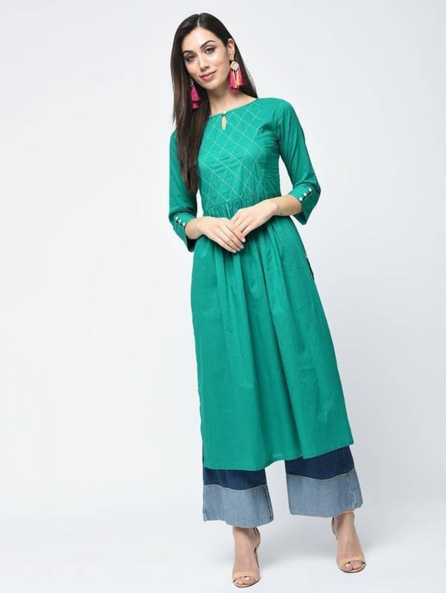 Women Aniyah | Women'S Key Hole Neck Flared Kurta - Aniyah Turquoise