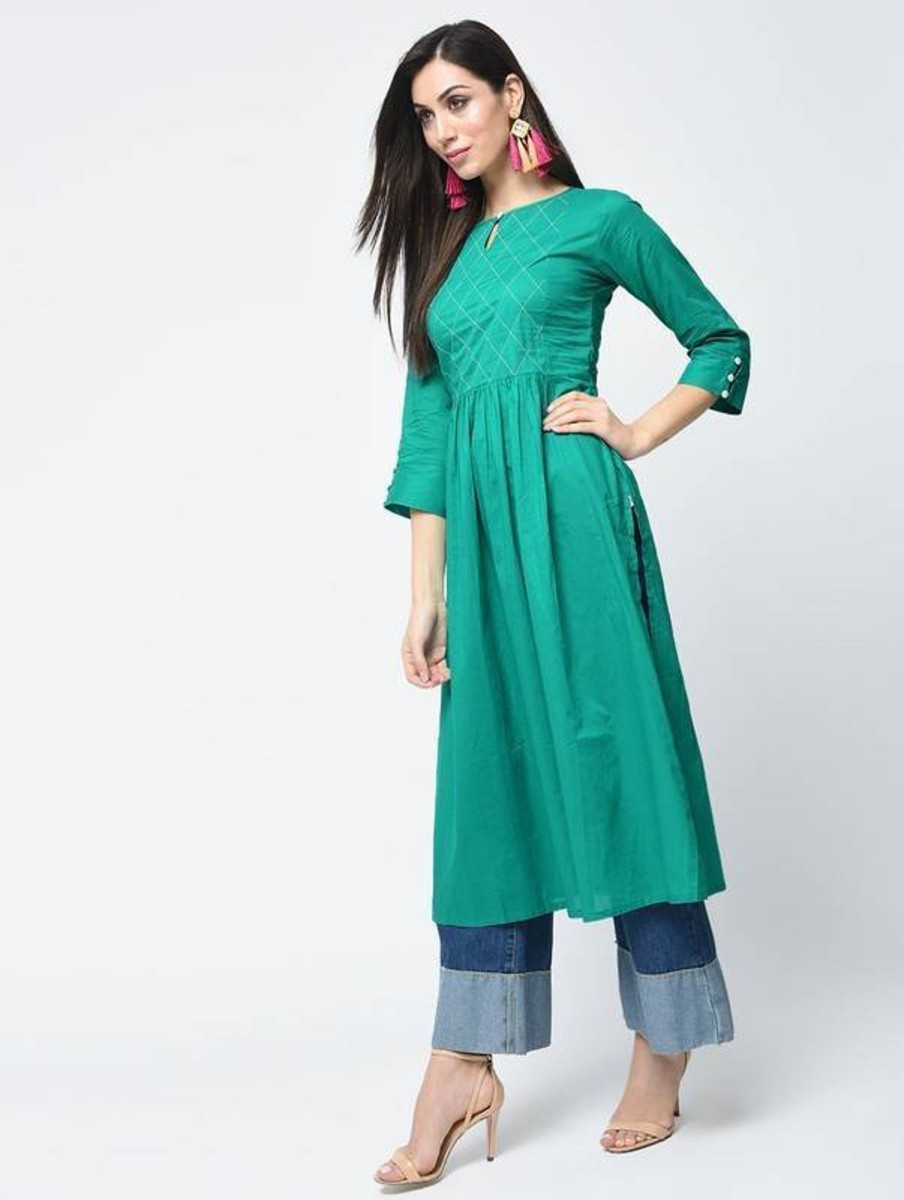 Women Aniyah | Women'S Key Hole Neck Flared Kurta - Aniyah Turquoise