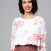 Women SASSAFRAS | Women'S Off-White Floral Rouched Sleeves Crop Top - Sassafras