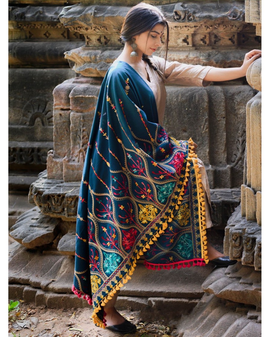 Women MESMORA FASHION | Women'S Turqoise Blue Multi Colour Asri Heavily Embroidered Khadi Shawl/Dupatta With Nyellow Tassel Lace - Mesmora Fashion