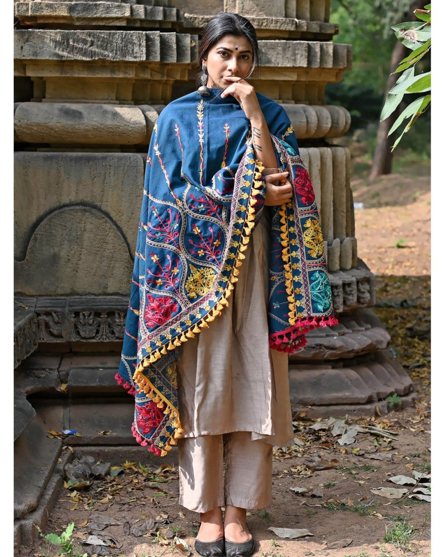 Women MESMORA FASHION | Women'S Turqoise Blue Multi Colour Asri Heavily Embroidered Khadi Shawl/Dupatta With Nyellow Tassel Lace - Mesmora Fashion