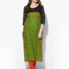 Women CHEERA | Women'S Olive Green And Black Cotton Hand Block Print Anarkali Kurta Only - Cheera