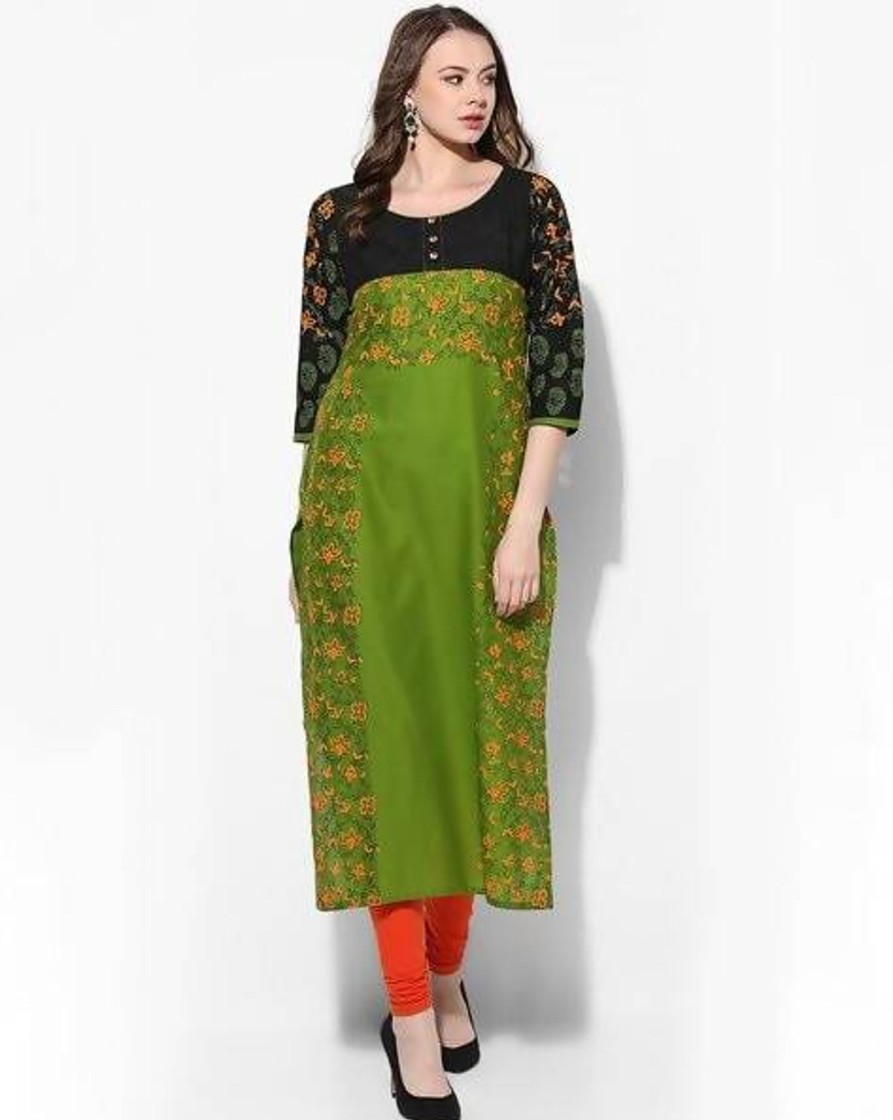 Women CHEERA | Women'S Olive Green And Black Cotton Hand Block Print Anarkali Kurta Only - Cheera