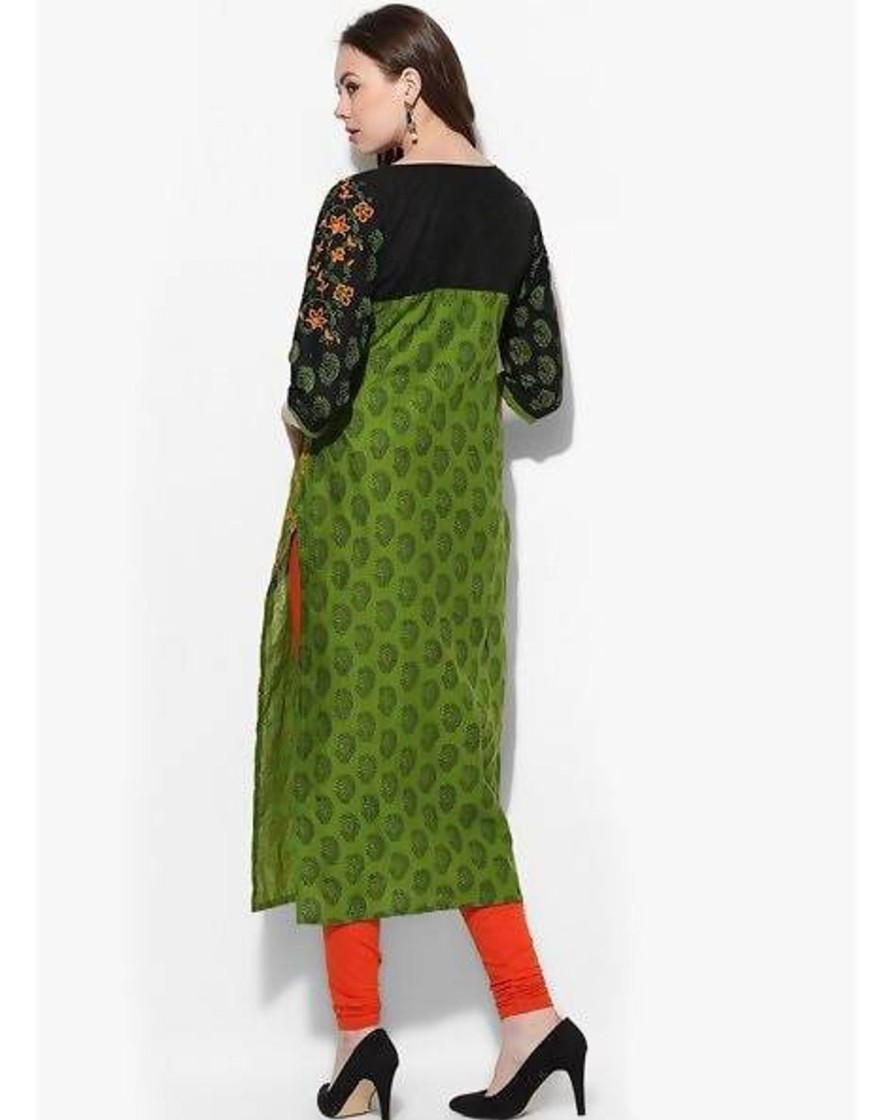 Women CHEERA | Women'S Olive Green And Black Cotton Hand Block Print Anarkali Kurta Only - Cheera