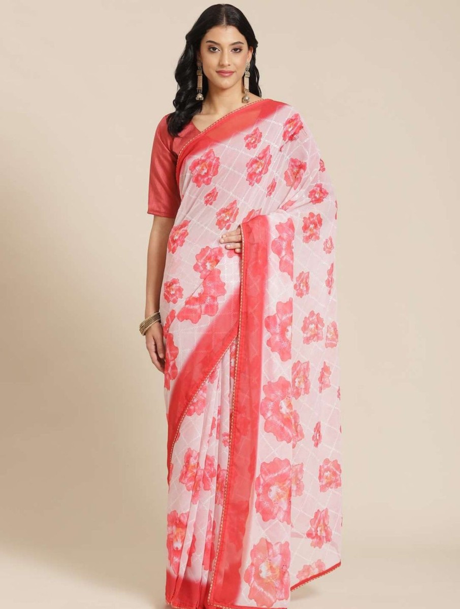 Women Dwija Fashion | Women'S Designer And Cream Color Georgette Saree Collection - Dwija Fashion Red