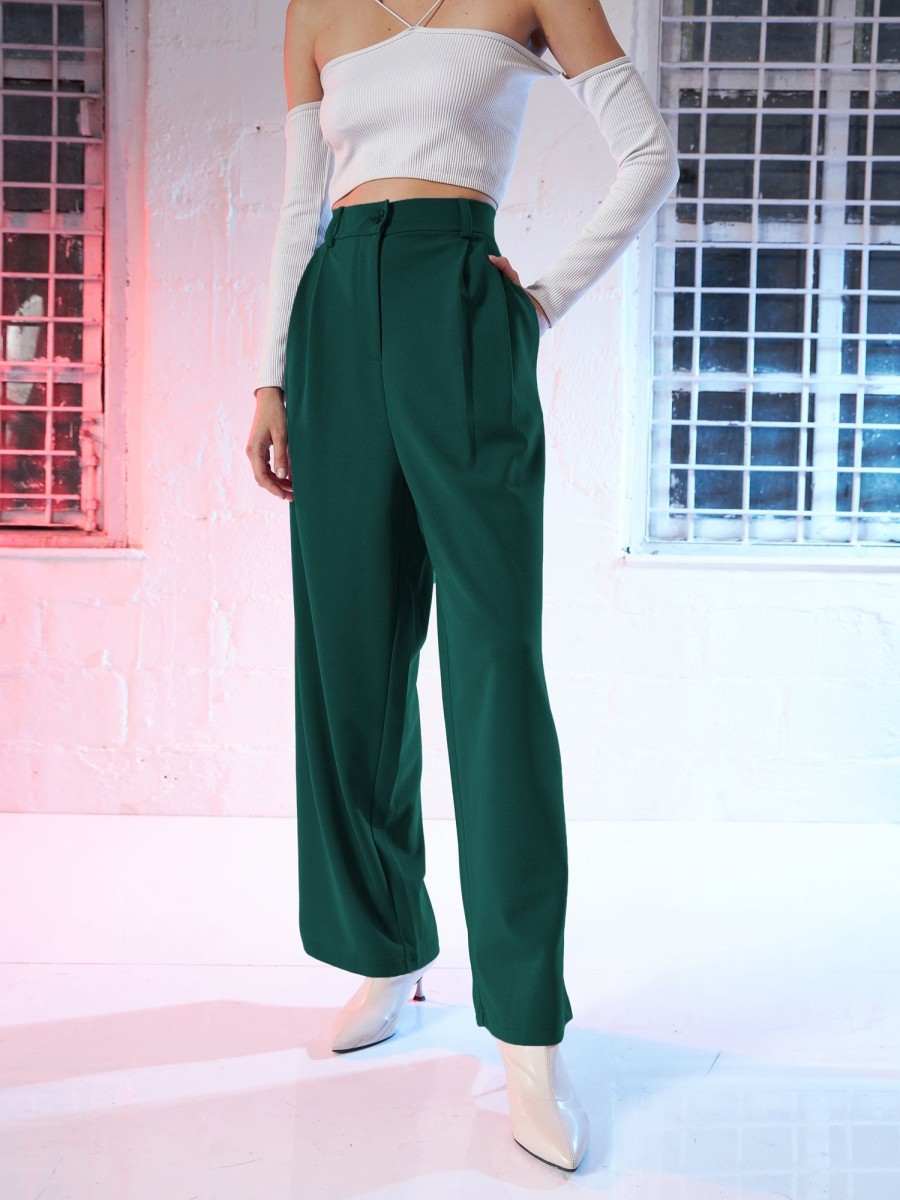 Women Lyush | Women'S Emerald Green Korean Pleated Loose Fit Pants - Lyush