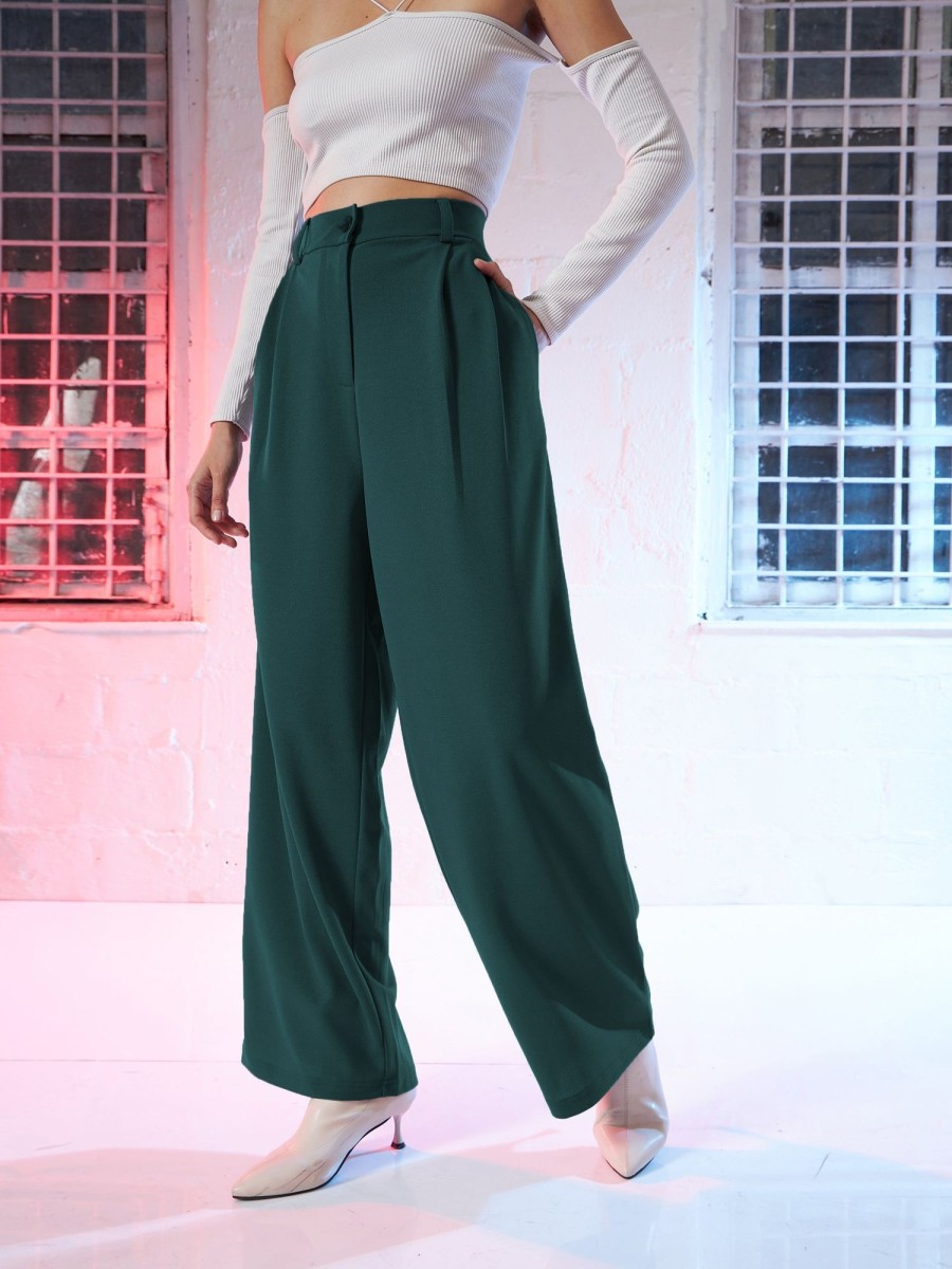 Women Lyush | Women'S Emerald Green Korean Pleated Loose Fit Pants - Lyush