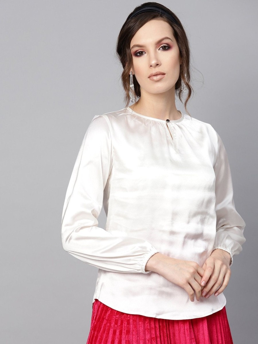 Women SHAE | Women'S Ivory Satin Front Key Hole Blouse - Shae