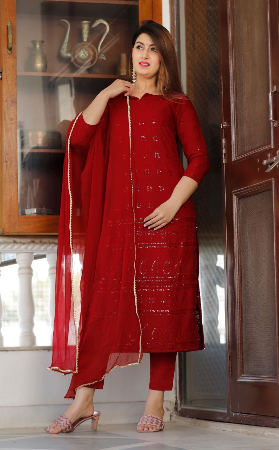 Women Geeta Fashion | Women'S Chikankari Kurta Pant Set - Geeta Fashion Maroon