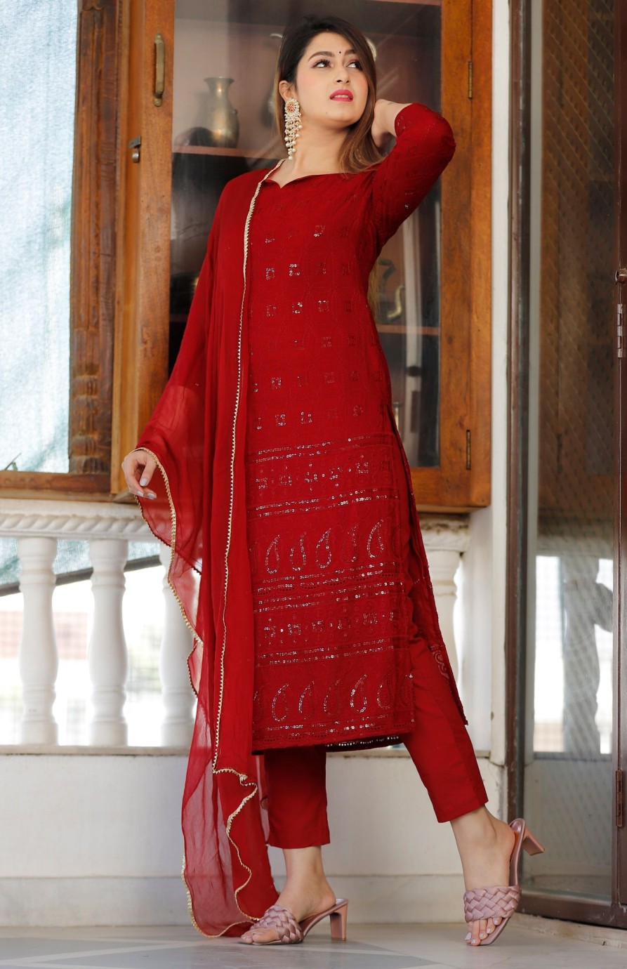 Women Geeta Fashion | Women'S Chikankari Kurta Pant Set - Geeta Fashion Maroon