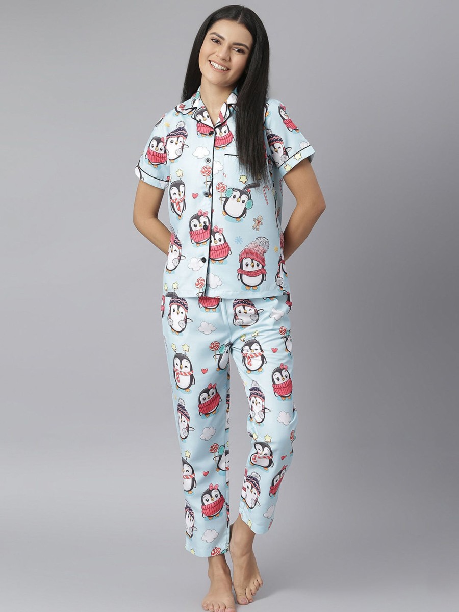 Women StyleStone | Women'S Penguin Digital Print Night Suit Set - Stylestone Blue