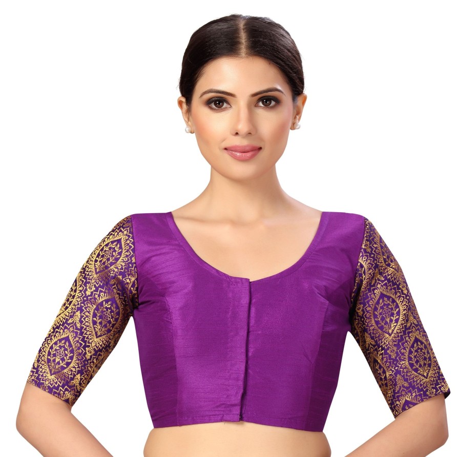 Women Shringaar | Women'S S Elbow Length Sleeves Silky Saree Blouse With Brocade Sleeves. - Shringaar Purple