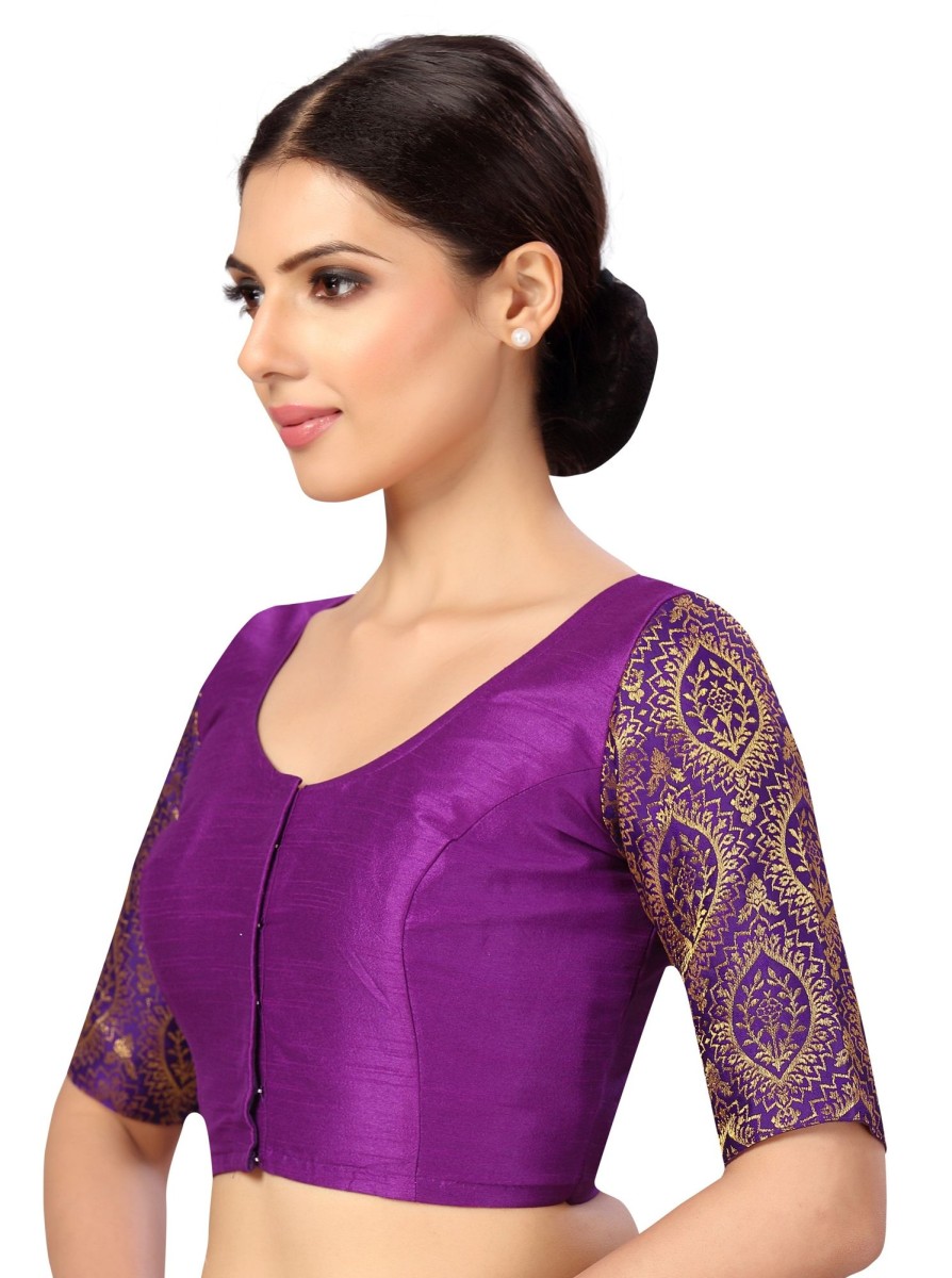 Women Shringaar | Women'S S Elbow Length Sleeves Silky Saree Blouse With Brocade Sleeves. - Shringaar Purple