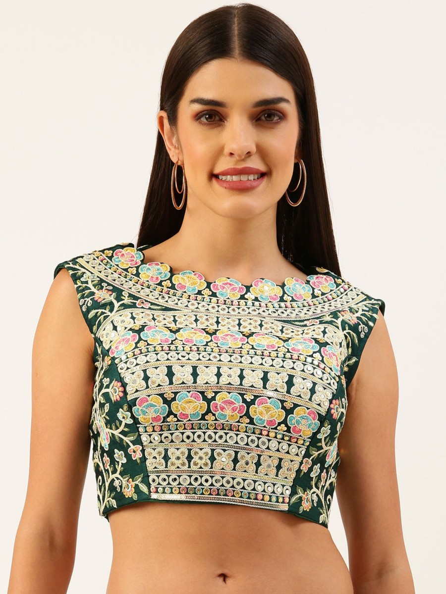 Women Royal Dwells | Women'S Green Gold Toned Sequincee Work Net Readymade Blouse - Royal Dwells