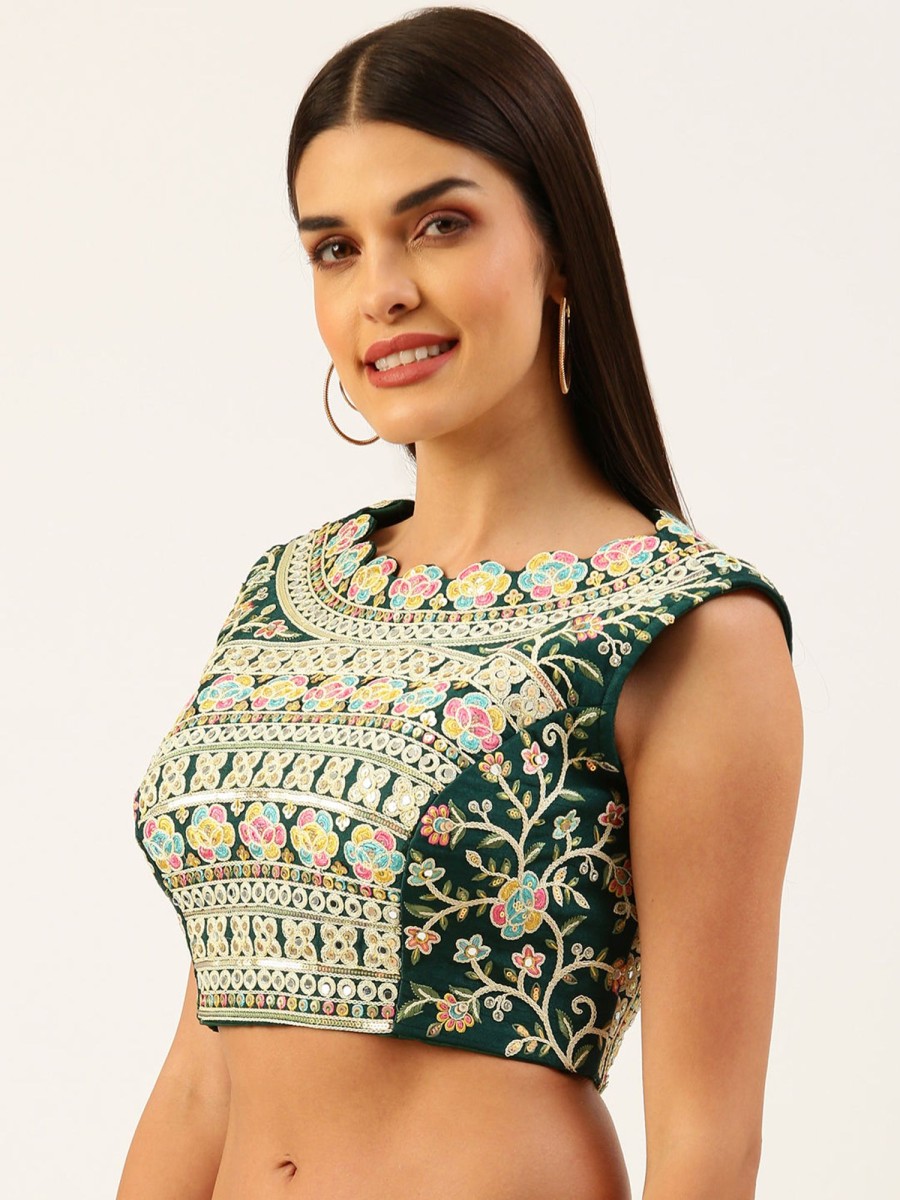 Women Royal Dwells | Women'S Green Gold Toned Sequincee Work Net Readymade Blouse - Royal Dwells