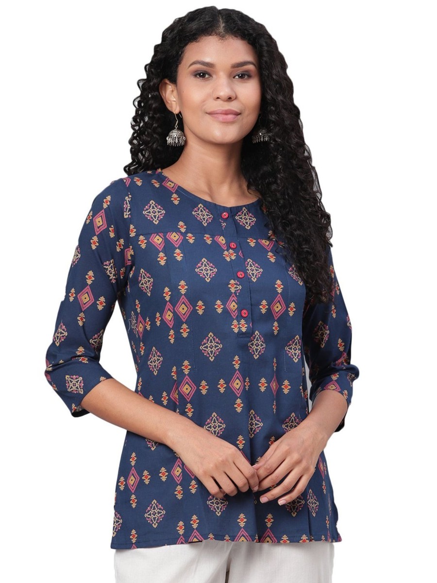 Women Myshka | Women Navy Blue Printed Cotton Top By Myshka (1Pc Set)