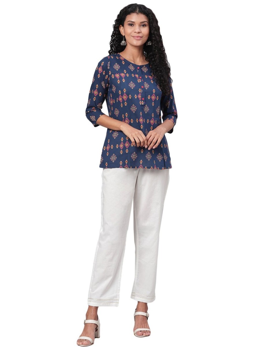 Women Myshka | Women Navy Blue Printed Cotton Top By Myshka (1Pc Set)