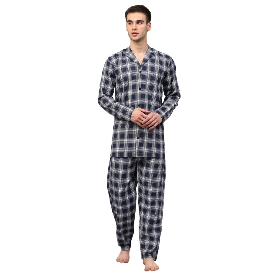 Women Jainish | Men'S Navy Blue Checked Night Suits ( Gns 001Navy-White ) - Jainish