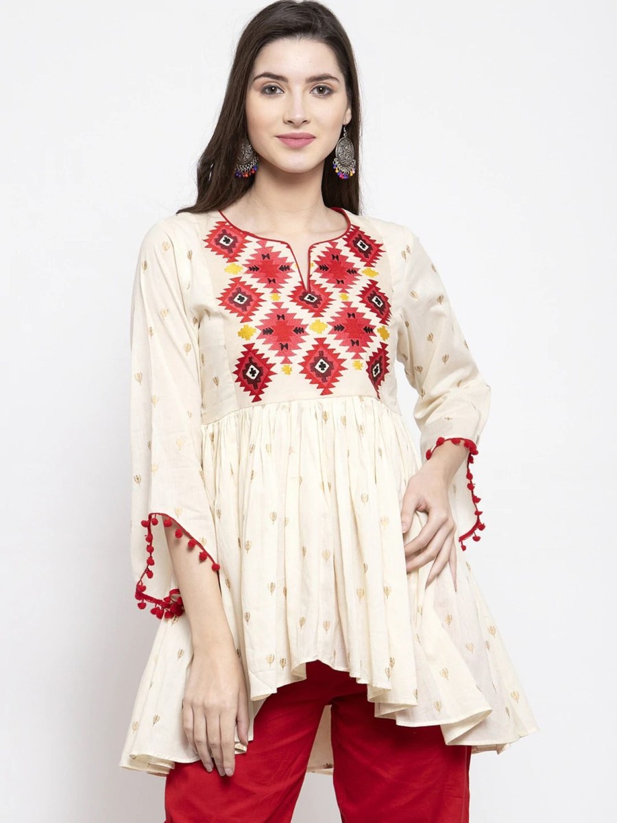 Women Wahe-NOOR | Women'S Off-White U0026 Red Printed Tunic - Wahe-Noor