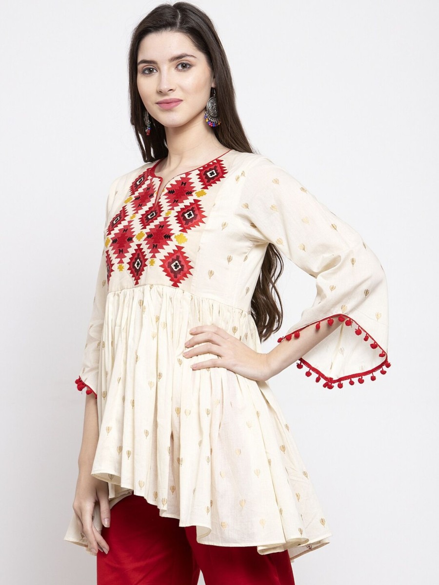 Women Wahe-NOOR | Women'S Off-White U0026 Red Printed Tunic - Wahe-Noor