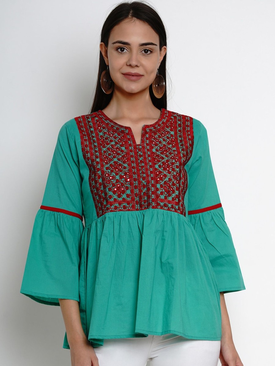 Women Wahe-NOOR | Women'S Sea Green U0026 Red Embroidered Top - Wahe-Noor