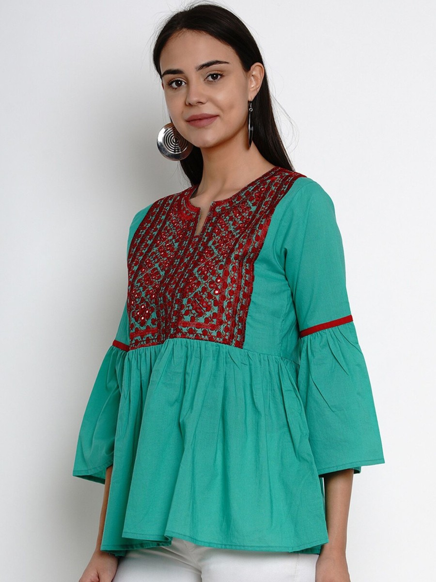 Women Wahe-NOOR | Women'S Sea Green U0026 Red Embroidered Top - Wahe-Noor