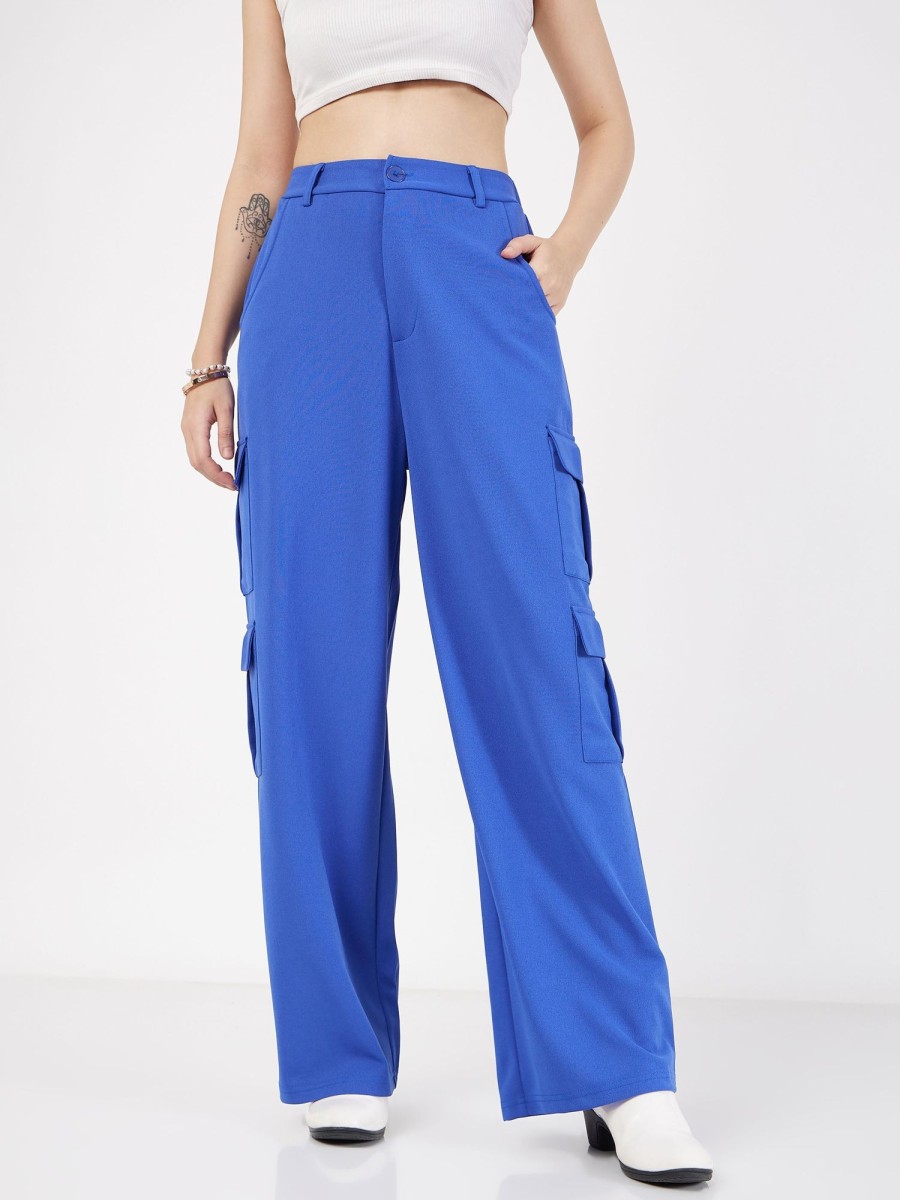 Women Lyush | Women'S Royal Blue Multi Pocket Detail Cargo Pants - Lyush