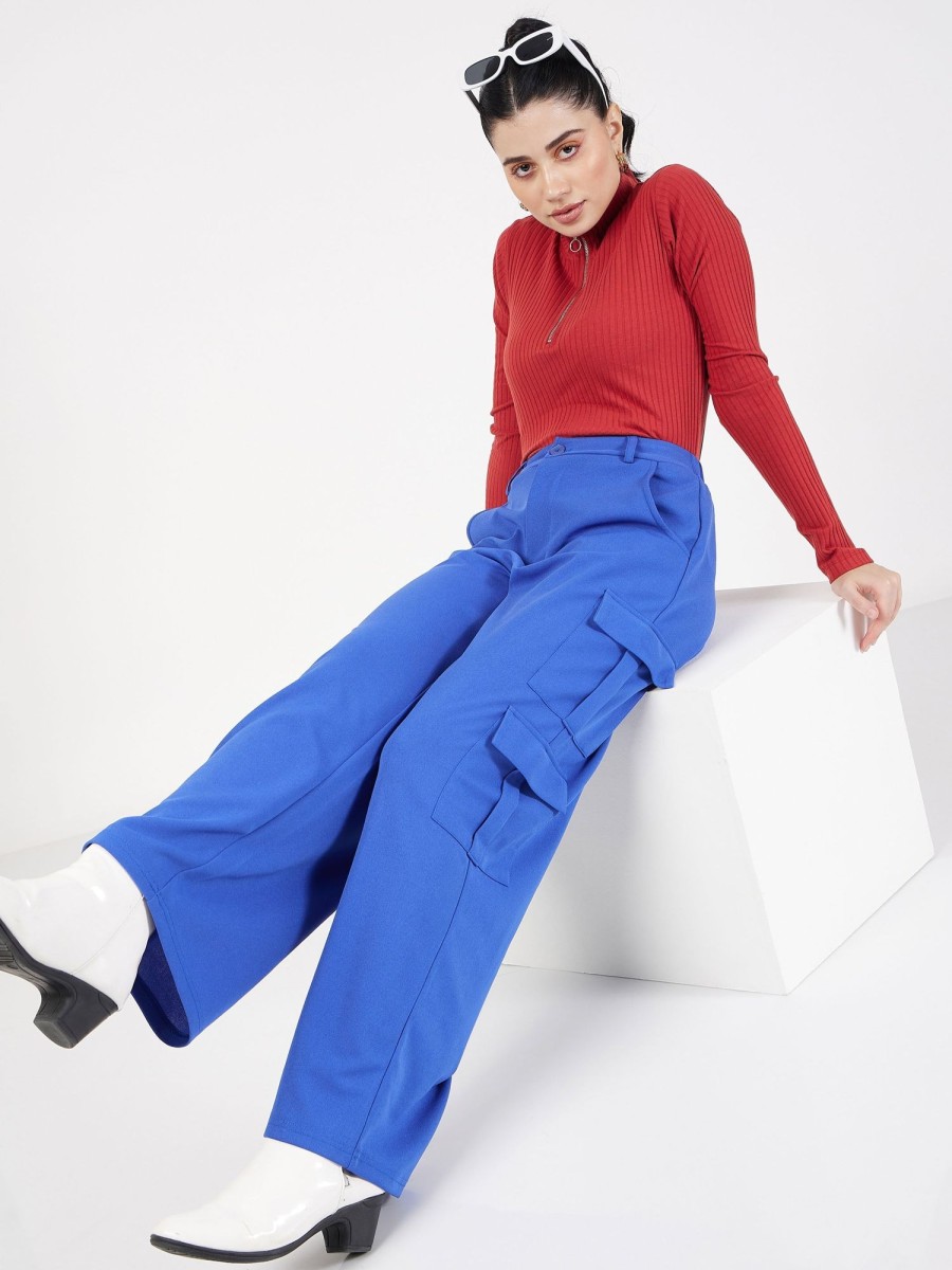 Women Lyush | Women'S Royal Blue Multi Pocket Detail Cargo Pants - Lyush