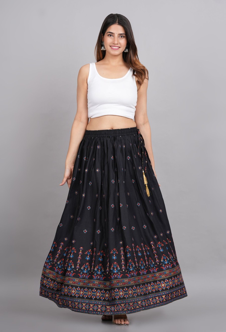 Women House of RP | Women'S U0026 Pink Rayon Ethnic Printed Circular Skirt - House Of Rp Black