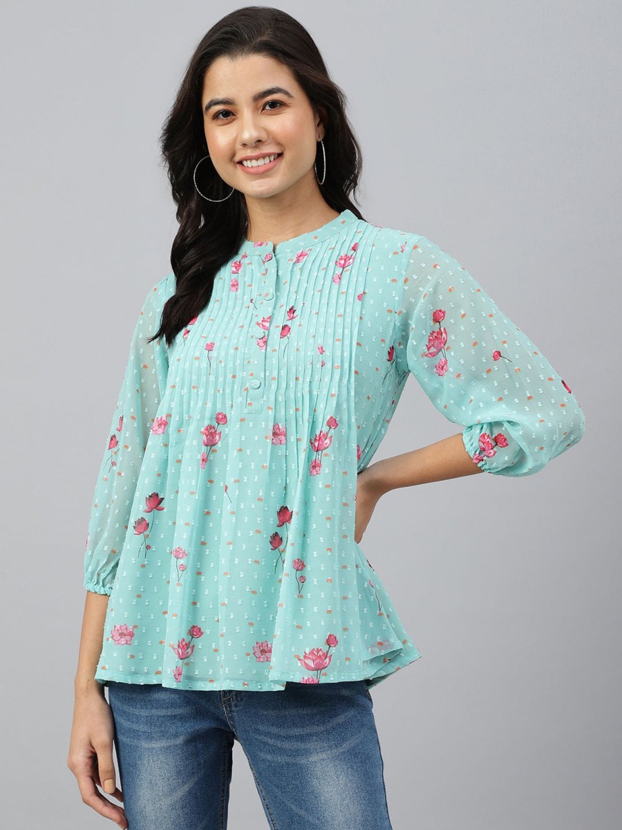 Women Janasya | Women'S Floral Print Sea Dobby Georgette Tops - Janasya Green