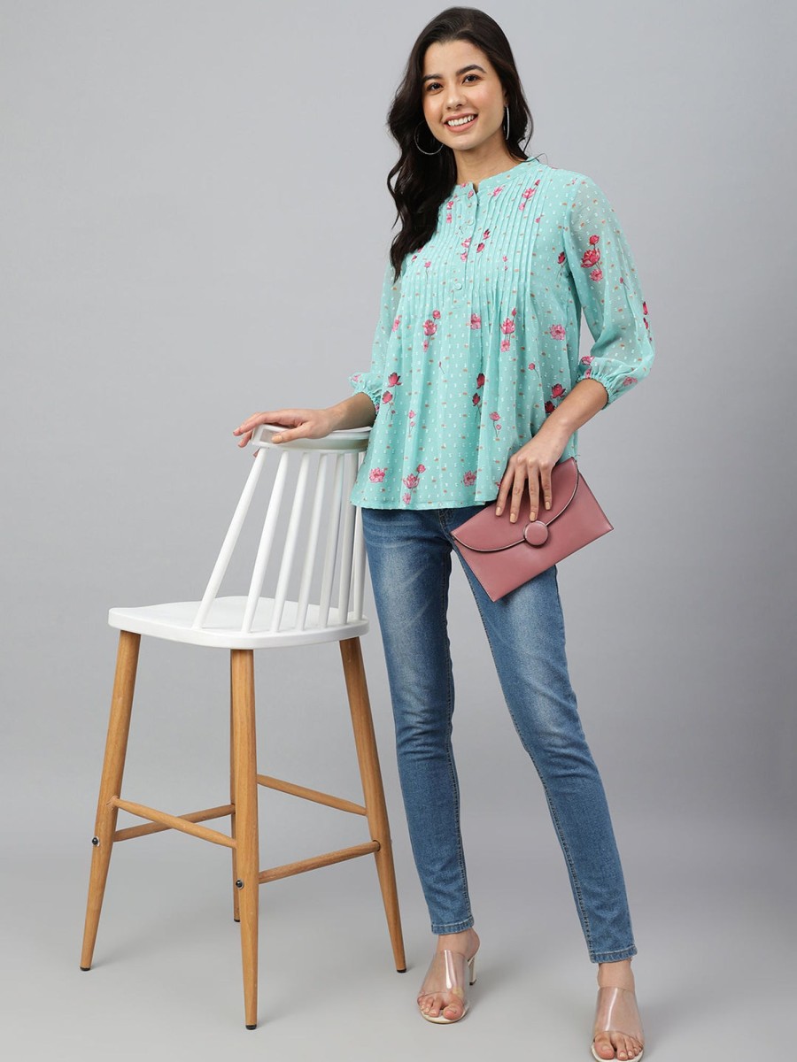 Women Janasya | Women'S Floral Print Sea Dobby Georgette Tops - Janasya Green