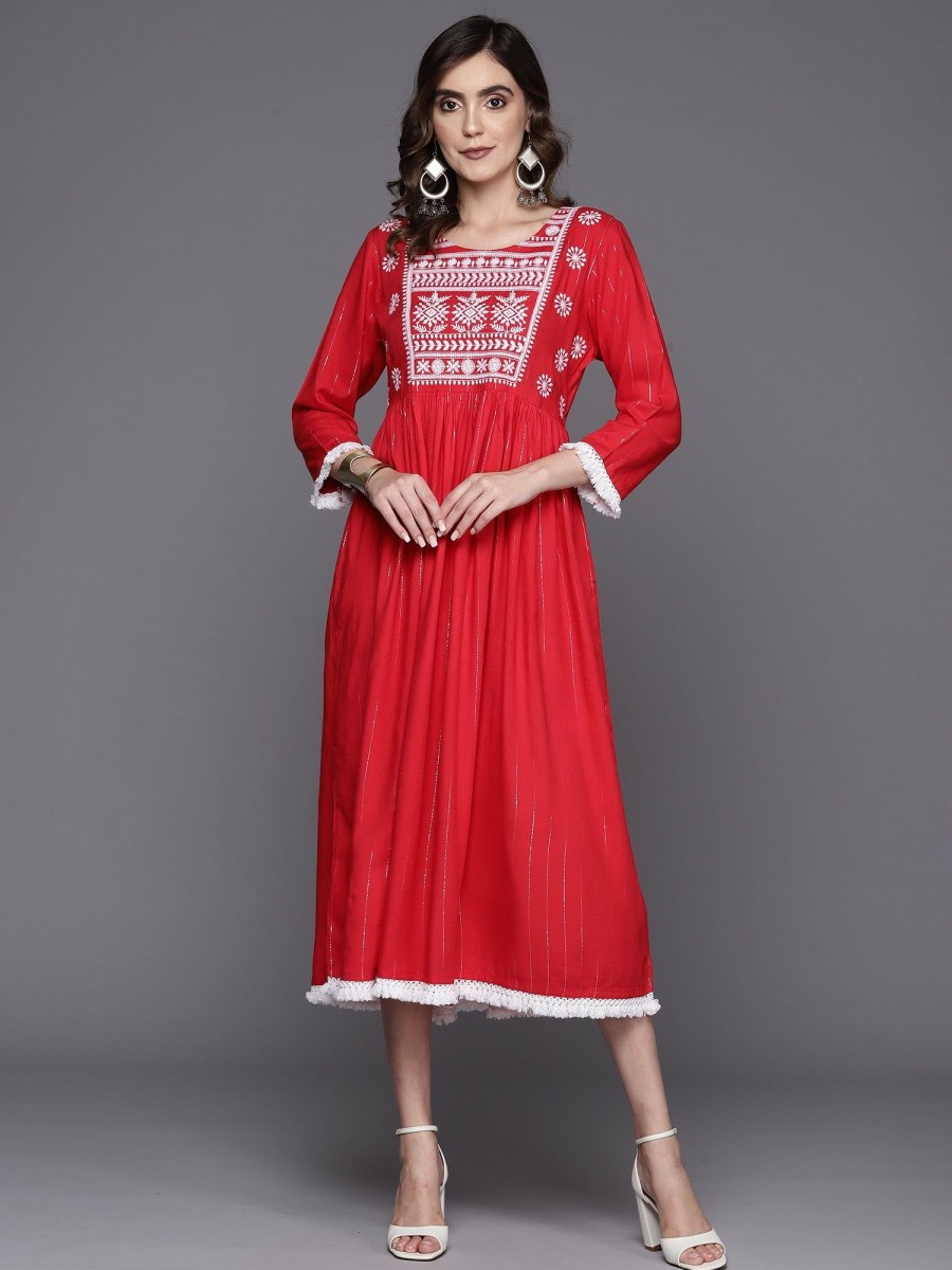 Women Indo Era | Women'S Embroide A-Line Ethnic Dress - Indo Era Red