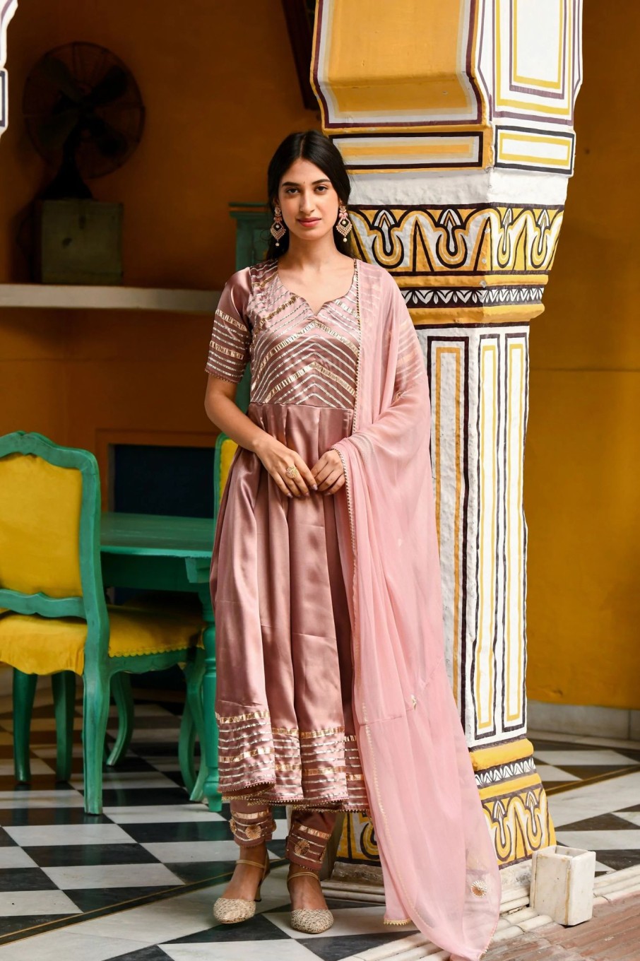 Women SARAS THE LABEL | Women'S Light Brown Satin Silk Anarkali Suit- 3Pc Set - Saras The Label