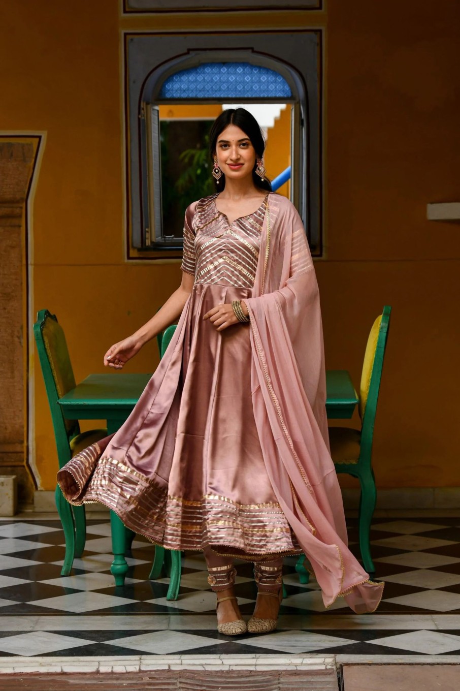 Women SARAS THE LABEL | Women'S Light Brown Satin Silk Anarkali Suit- 3Pc Set - Saras The Label