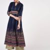 Women CHEERA | Women'S Navy Cotton Hand Block Print Ghagra Style Anarkali Kurta Only - Cheera Blue