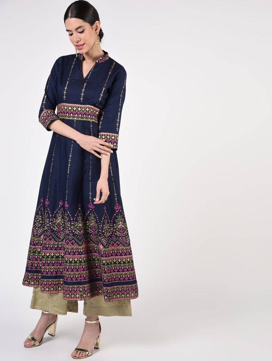 Women CHEERA | Women'S Navy Cotton Hand Block Print Ghagra Style Anarkali Kurta Only - Cheera Blue