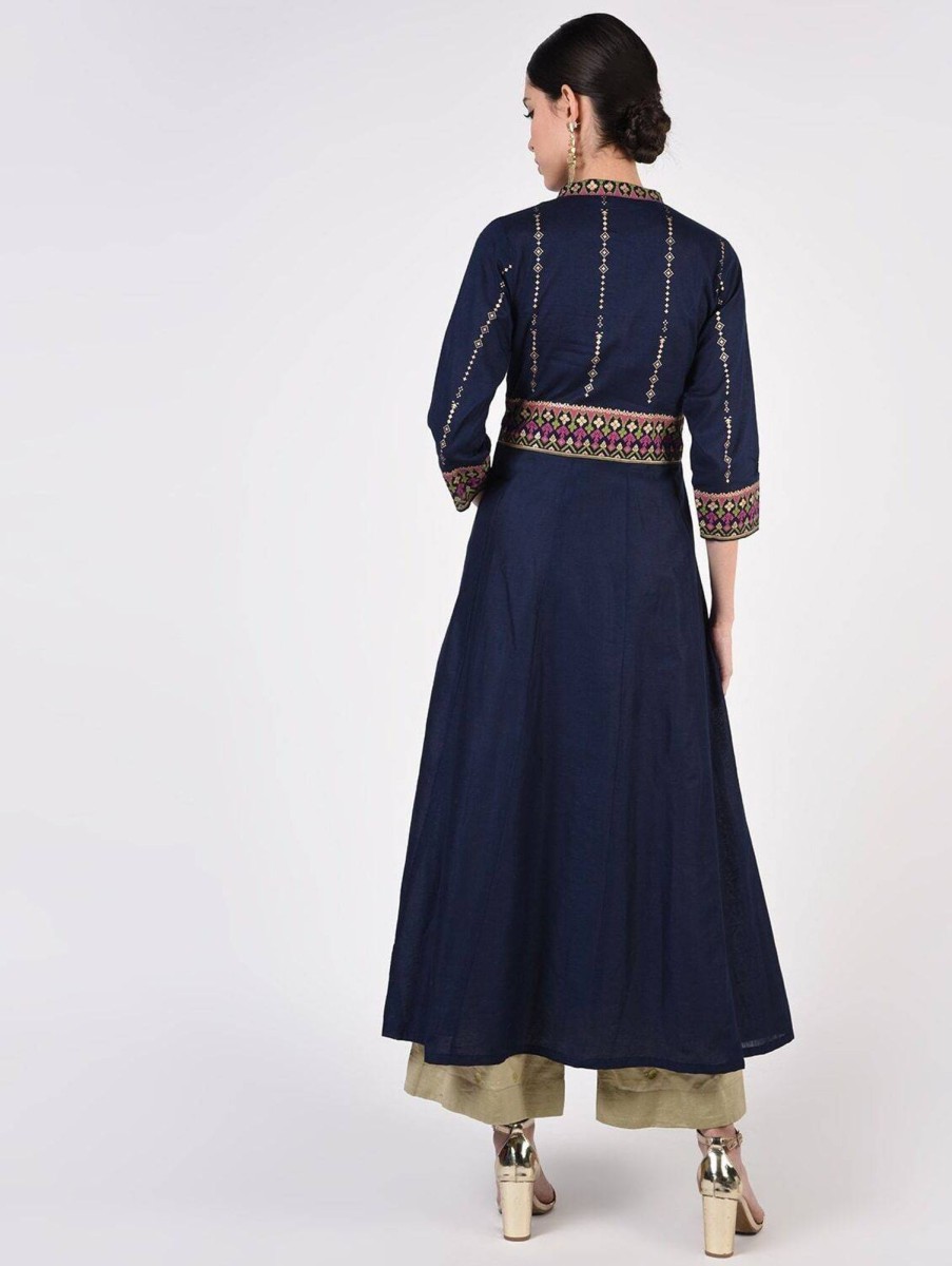 Women CHEERA | Women'S Navy Cotton Hand Block Print Ghagra Style Anarkali Kurta Only - Cheera Blue