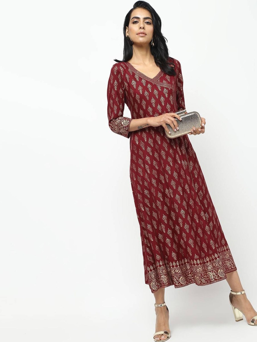 Women CHEERA | Women'S Angrakha All Over Butta Foil Printed Kurta With Beautiful Border Design - Cheera Maroon