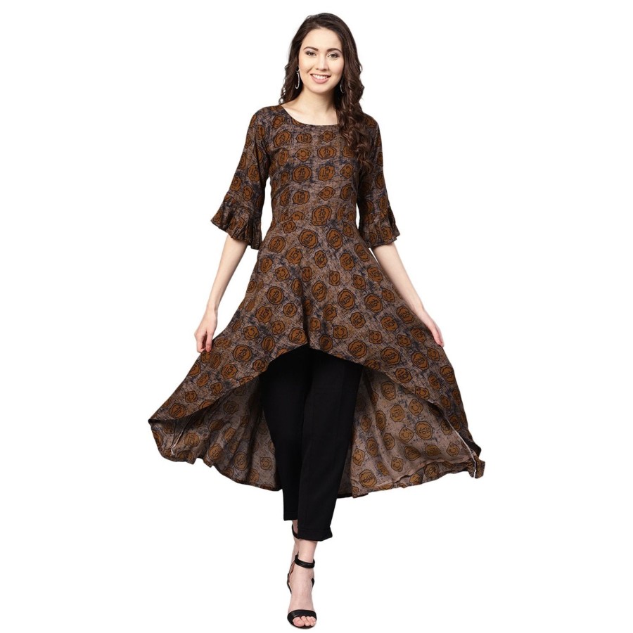 Women Myshka | Women'S Brown Rayon Printed 3/4 Sleeve Round Neck Casual Kurta Only - Myshka