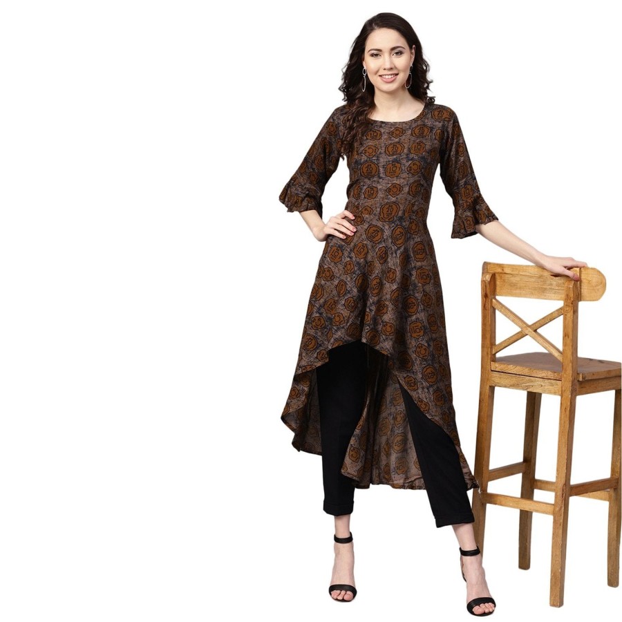 Women Myshka | Women'S Brown Rayon Printed 3/4 Sleeve Round Neck Casual Kurta Only - Myshka