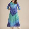 Women Varanga | Women'S Blue And Sea Green Bandhej Foil Printed Kurta With Gota Fan Embellishment On Yoke - Varanga