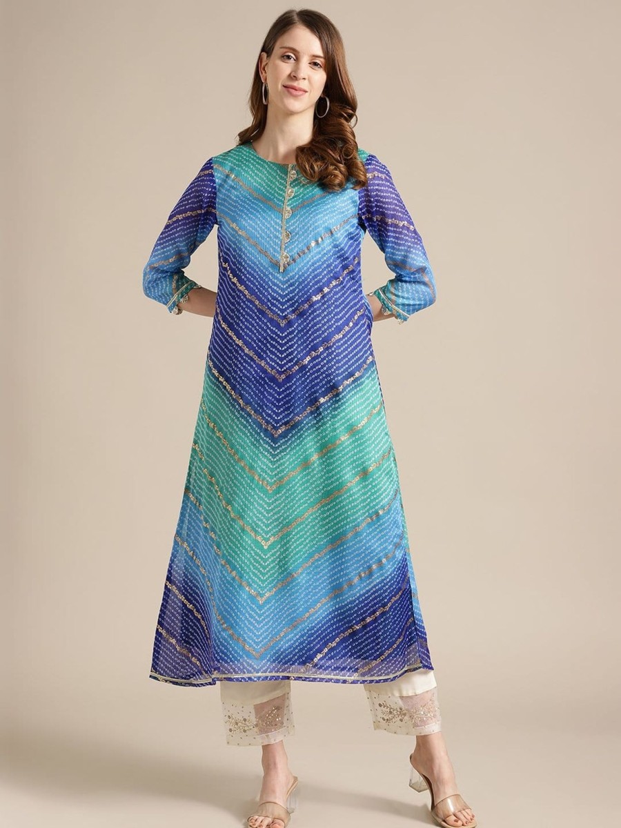 Women Varanga | Women'S Blue And Sea Green Bandhej Foil Printed Kurta With Gota Fan Embellishment On Yoke - Varanga