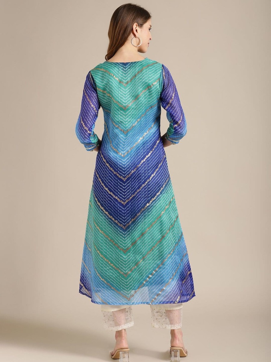 Women Varanga | Women'S Blue And Sea Green Bandhej Foil Printed Kurta With Gota Fan Embellishment On Yoke - Varanga