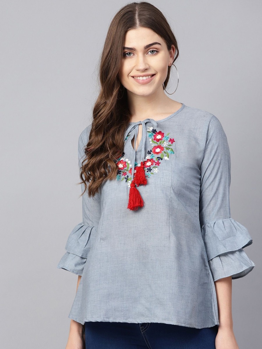 Women Wahe-NOOR | Women'S Blue Embroidered Detail Chambray A-Line Top - Wahe-Noor