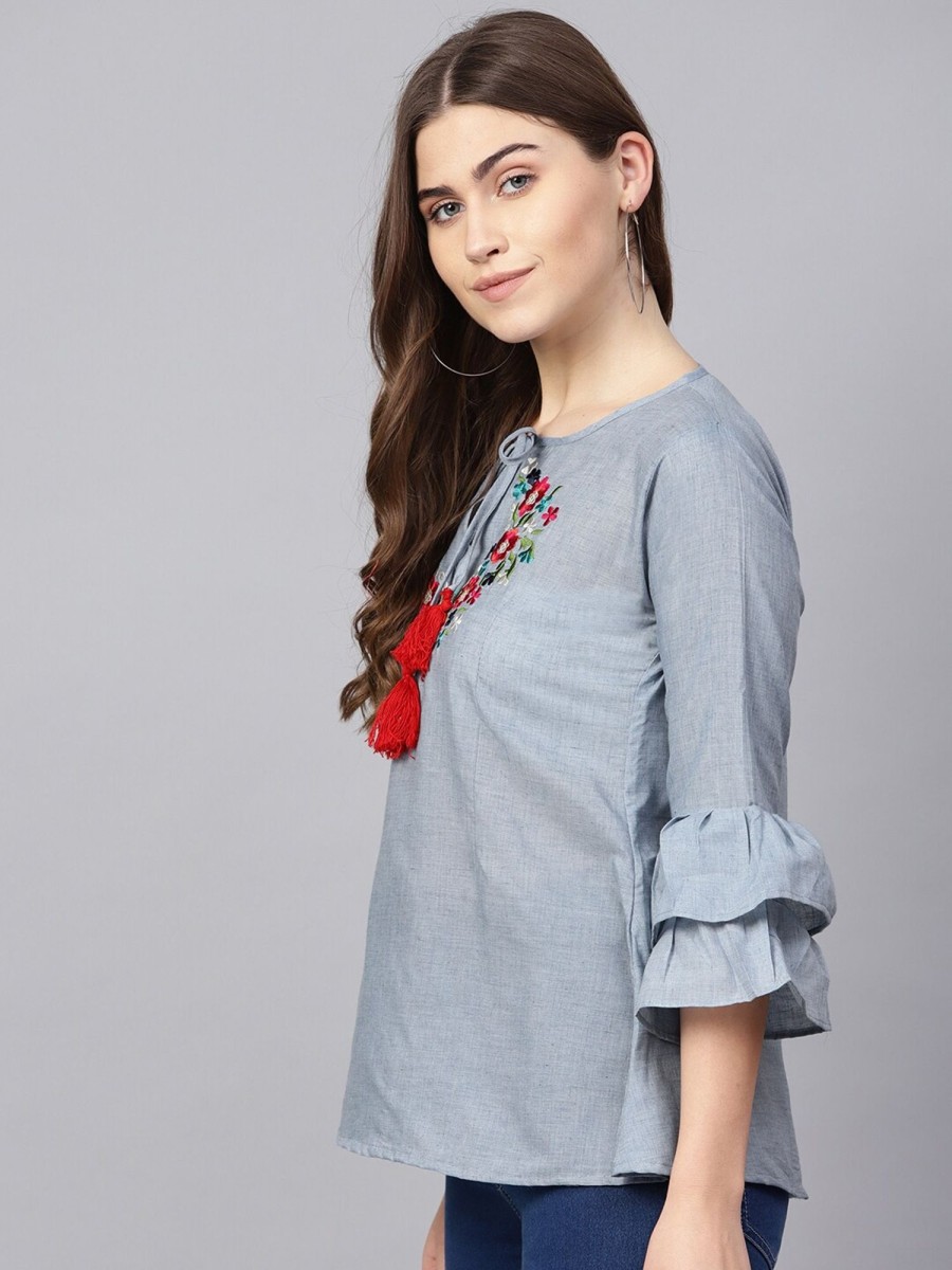 Women Wahe-NOOR | Women'S Blue Embroidered Detail Chambray A-Line Top - Wahe-Noor